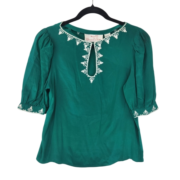 Miss D By Oscar de la Renta Emerald Silk Blouse White Embroidery Vintage 8 - Picture 1 of 12